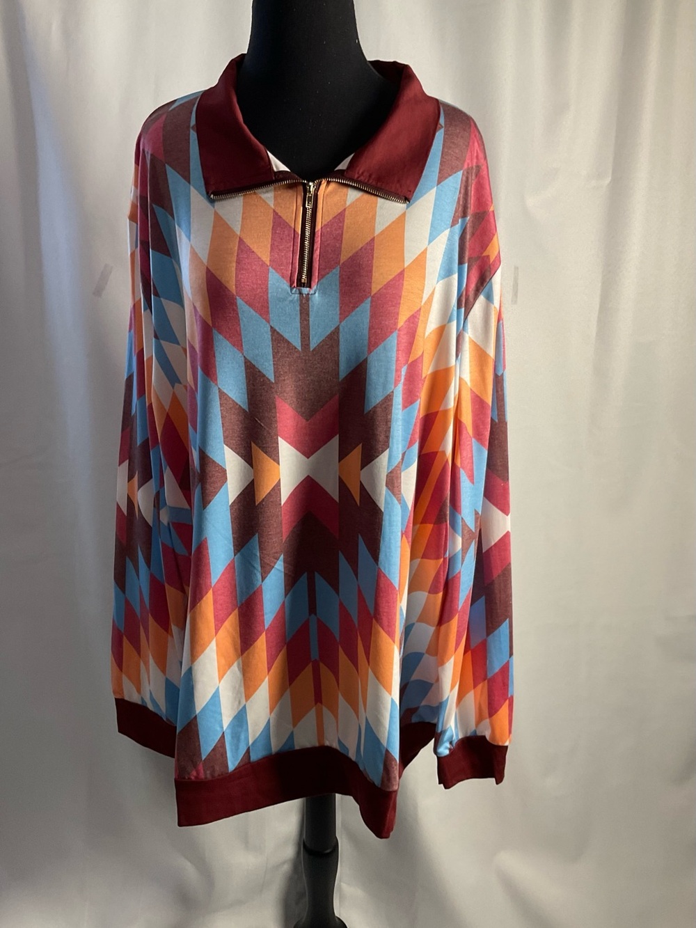 Women's Geometric Zip-Front Blouse - Burgundy Multi